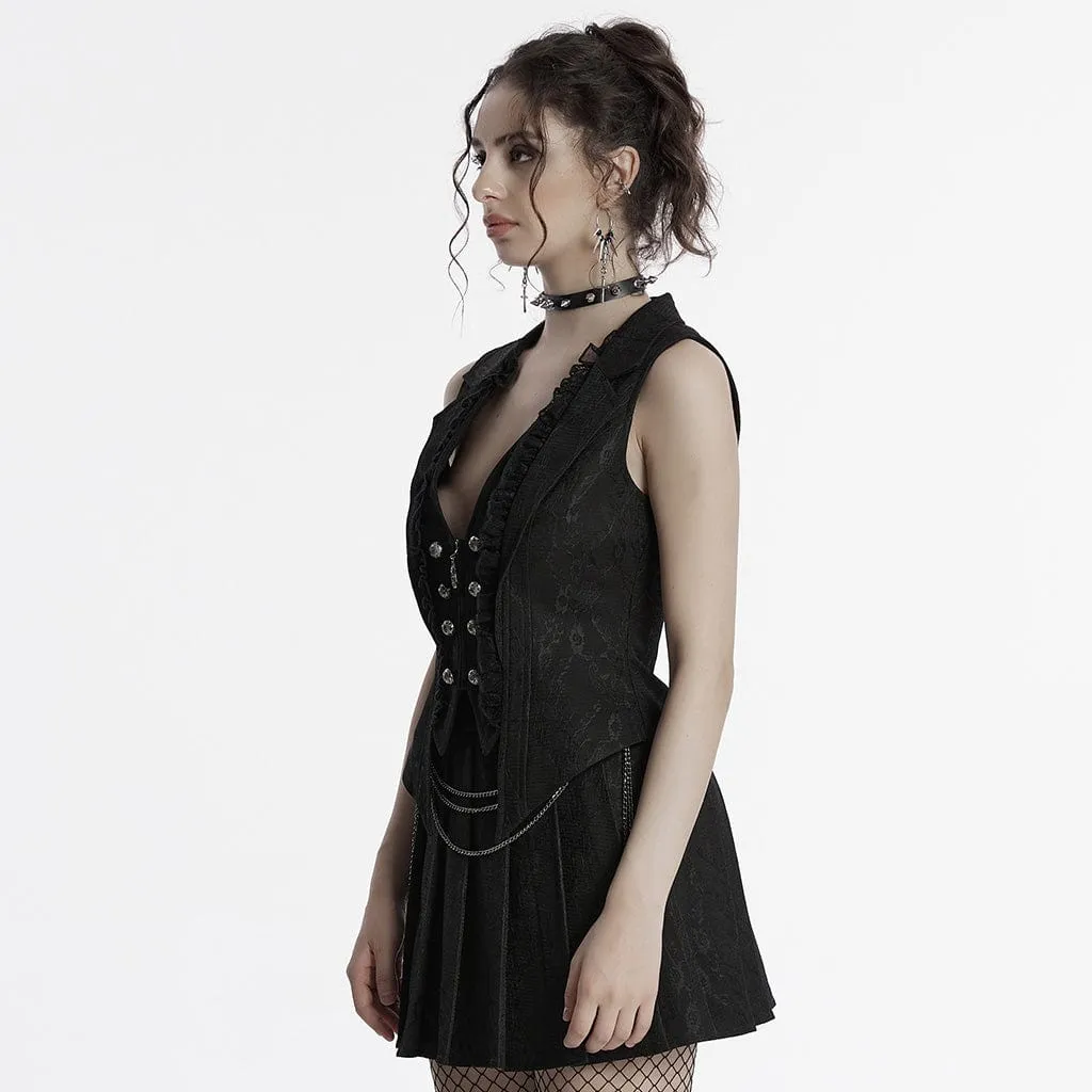 Women's Gothic Ruffled Lace Splice Lapel Vest Black