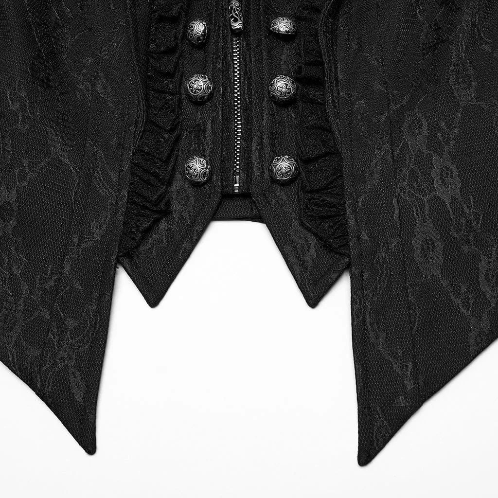 Women's Gothic Ruffled Lace Splice Lapel Vest Black