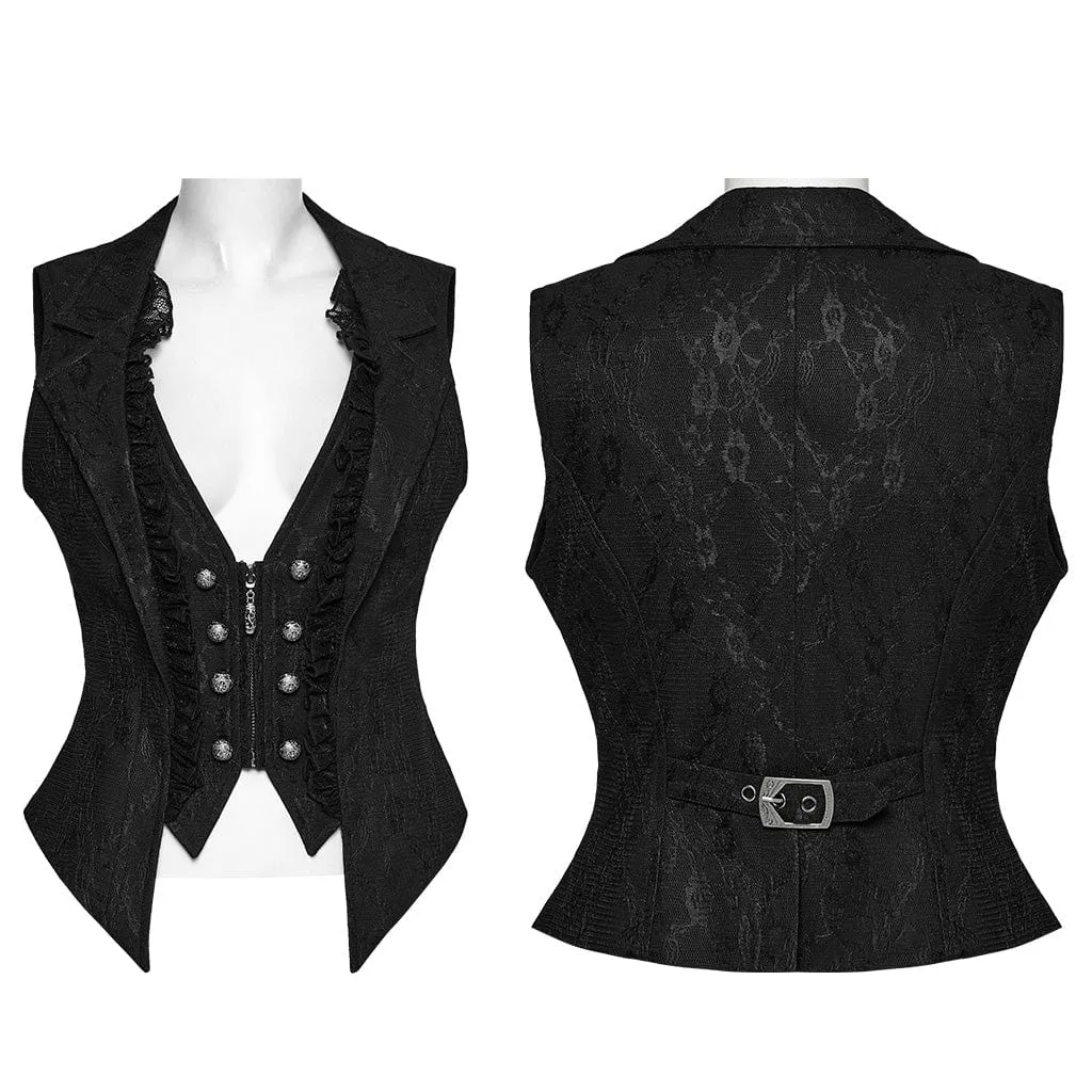 Women's Gothic Ruffled Lace Splice Lapel Vest Black