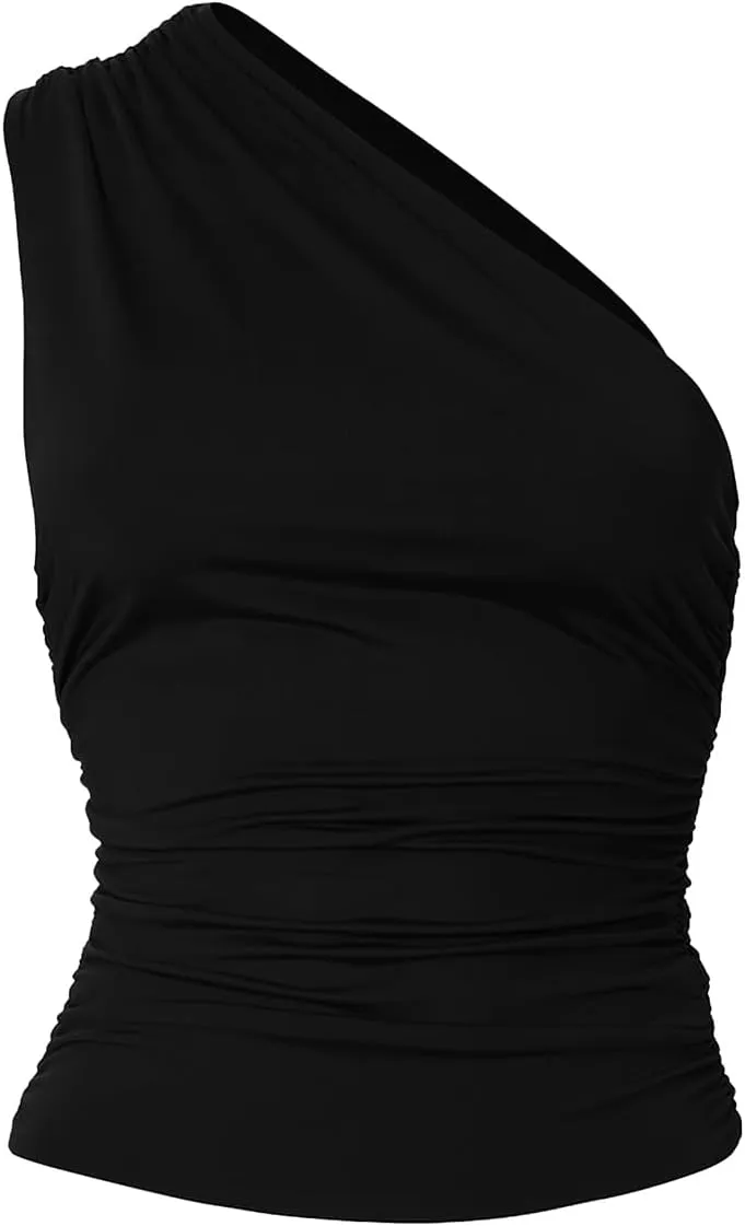 Women's One Shoulder Tank Top Sleeveless Ruched Slim Fit Y2K Basic Crop Top